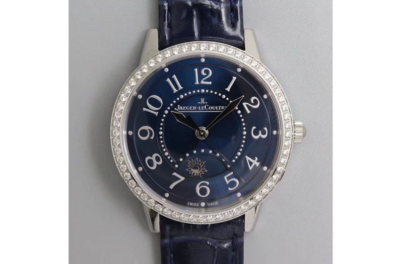 Jaeger-LeCoultre Rendez-Vous Night & Day SS ZF 1:1 Best Edition Blue Textured Dial Diamonds Bezel on Blue Leather Strap A898