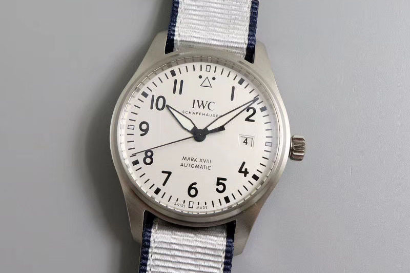 IWC Mark XVIII IW327002 SS M+F 1:1 Best Edition White Dial on White Nylon Strap A35111 (Free Leather)