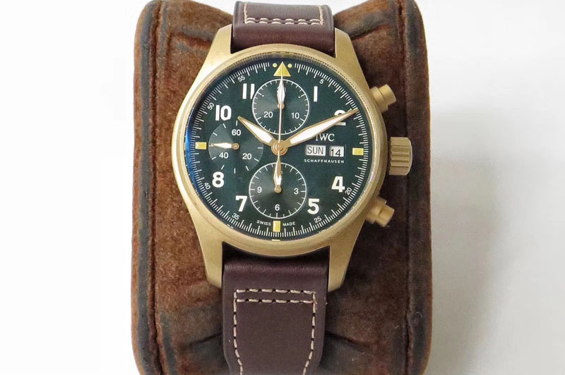 IWC Pilot Chrono Spitfire IW387902 Bronze AIF Best Edition Green Dial on Brown Leather Strap A7750