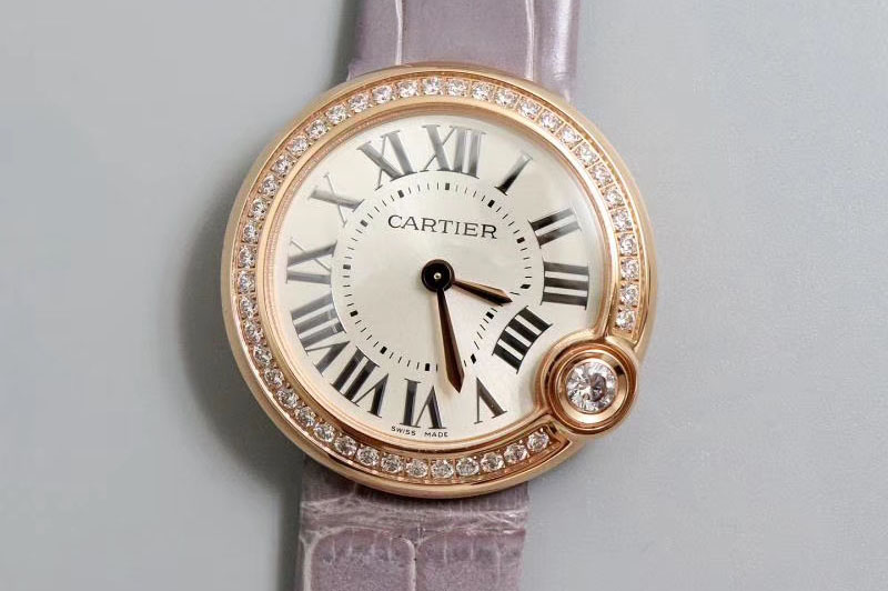 Ballon Bleu de Cartier 30mm 1:1 Best Edtion Diamond Bezel RG/LE White Dial Pink Leather strap Swiss Quartz