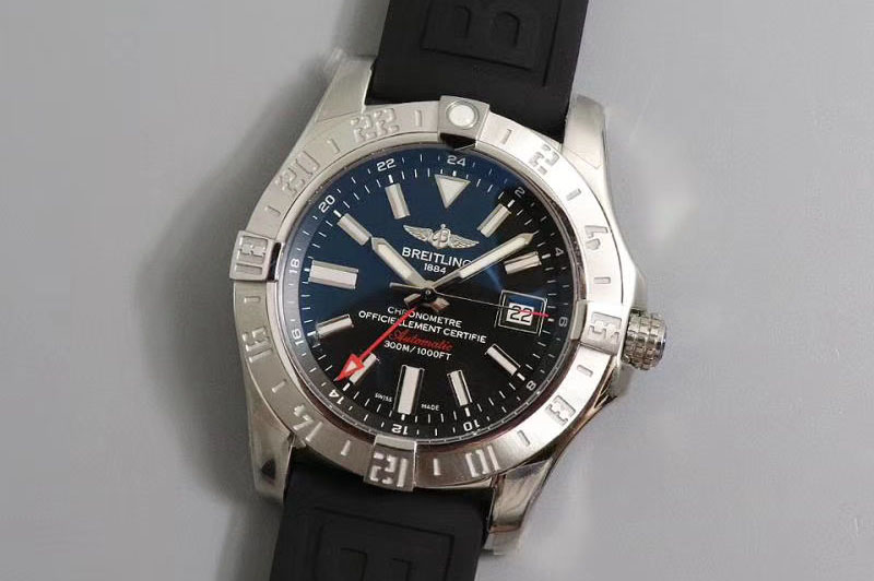 Breitling Avenger GMT SS GF 1:1 Best Edition Black Dial Stick Markers on Black rubber Strap A2836