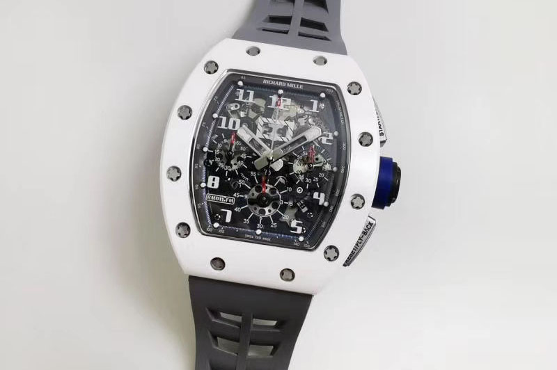 Richard Mille RM011 Real White Ceramic Chronograph KVF 1:1 Best Edition Crystal Skeleton Dial Blue on Gray Rubber Strap A7750