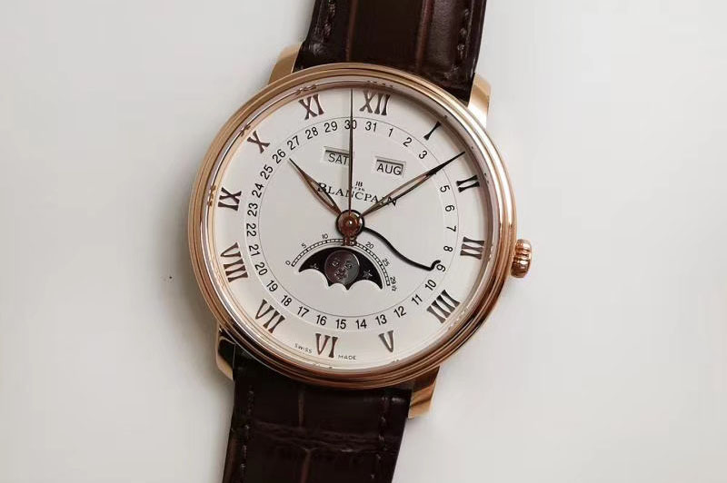 Blancpain Villeret 6654 RG Complicated Function OMF 1:1 Best Edition White Textured Dial on Brown Leather Strap A6654 V2