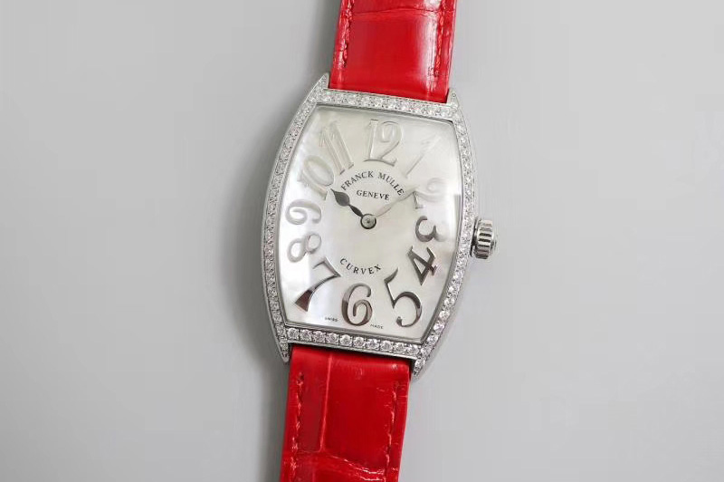 Franck Muller Casablanca SS Full Paved Diamonds Mop White Dial on Red Leather Strap Swiss Quartz