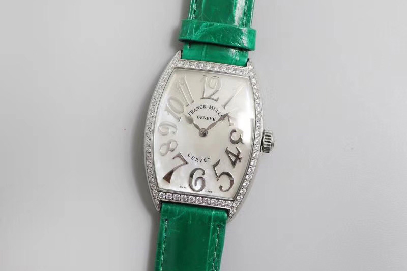 Franck Muller Casablanca SS Full Paved Diamonds Mop White Dial on Green Leather Strap Swiss Quartz