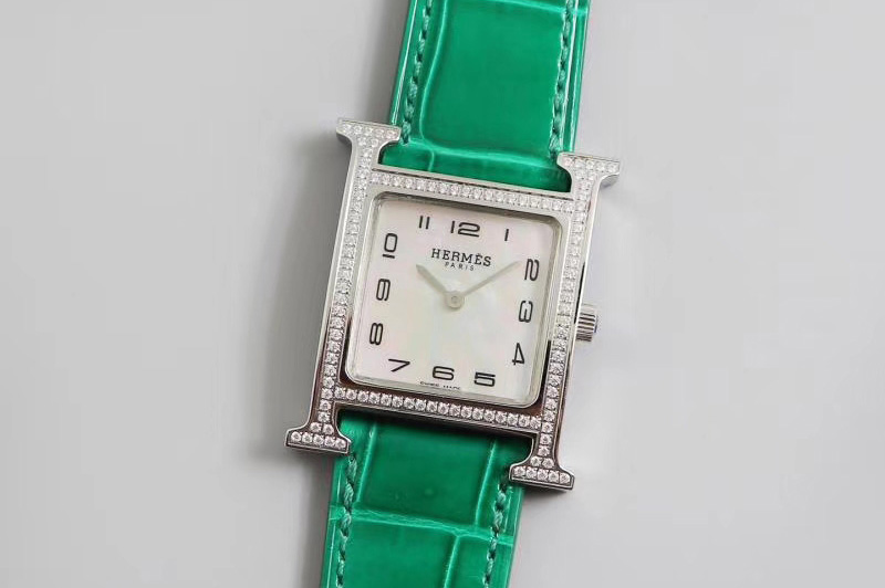 Hermes Heure H Ladies SS Z6 1:1 Best Edition Diamond Bezel White Dial On Green Leather Strap Swiss Quartz