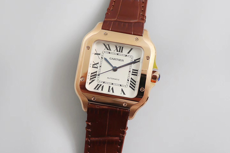 Santos de Cartier 35mm RG V6F 1:1 Best Edition White Dial on Brown Leather Strap MIYOTA 9015