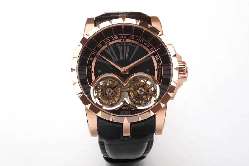 Roger Dubuis Excalibur RDDBEX0280 RG REAL Double Flying Tourbillon SS JBF Black Dial on Black Croco Leather Strap