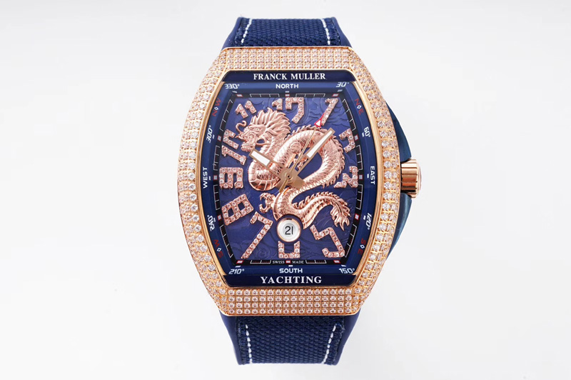 Franck Muller Vanguard V45 RG Full Diamonds ABF Best Edition Blue Textured Dial Diamonds Markers With Dragon on Blue Gummy Strap