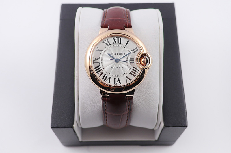 Cartier Ballon Bleu 33mm RG AF 1:1 Best Edition White Textured Dial on Brown Croco Leather Strap Cal.076
