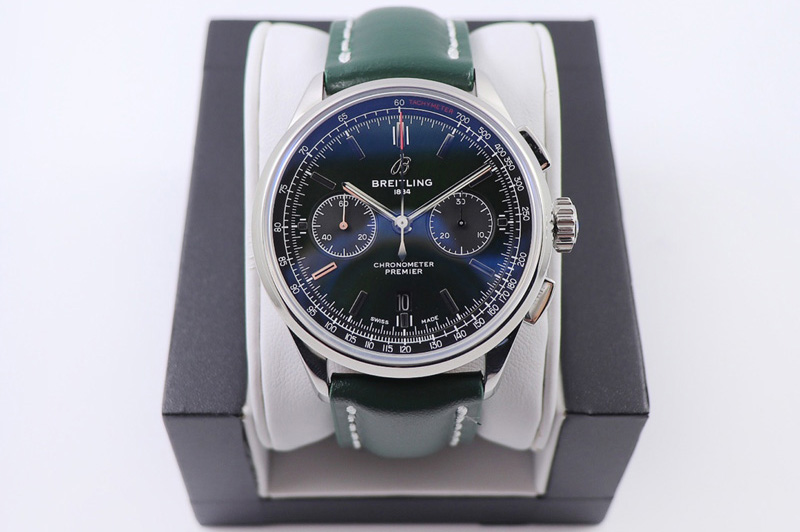 Breitling Premier B01 Chronograph 42 Steel Watch GF Best Edtion in Green Dial and Green Leather With A7750