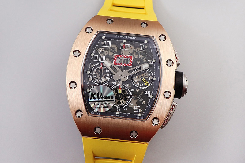 Richard Mille RM011 RG Chrono KVF 1:1 Best Edition Crystal Dial Black on Yellow Rubber Strap A7750 V3