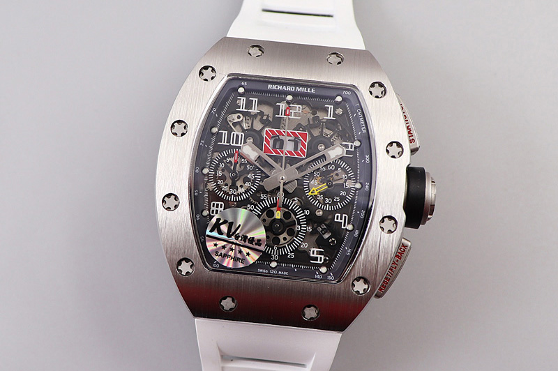 Richard Mille RM011 SS Chrono KVF 1:1 Best Edition Crystal Dial Black on White Rubber Strap A7750 V3
