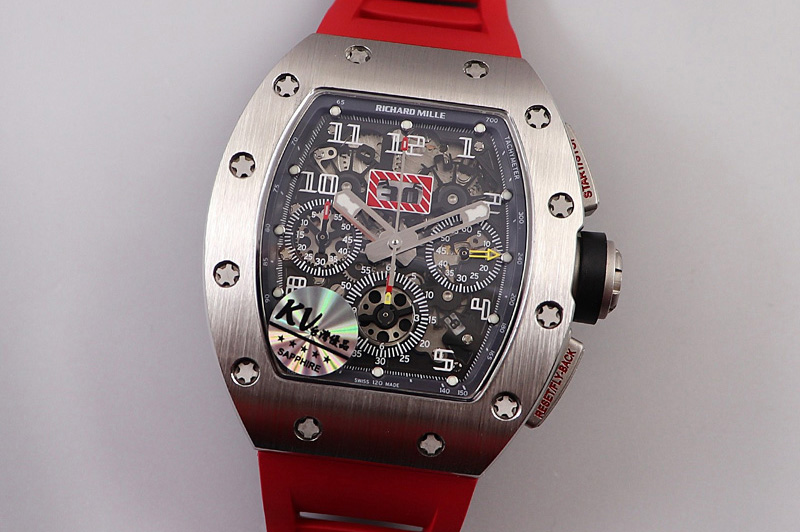 Richard Mille RM011 SS Chrono KVF 1:1 Best Edition Crystal Dial Black on Red Rubber Strap A7750 V3