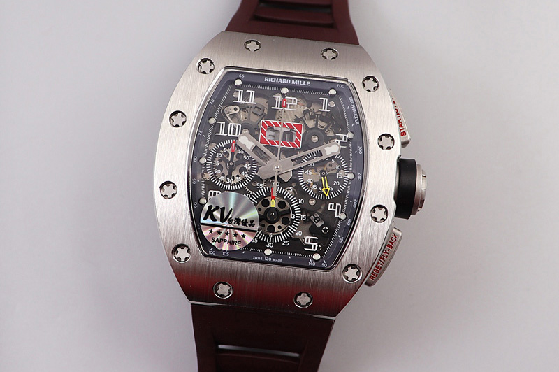 Richard Mille RM011 SS Chrono KVF 1:1 Best Edition Crystal Dial Black on Brown Rubber Strap A7750 V3
