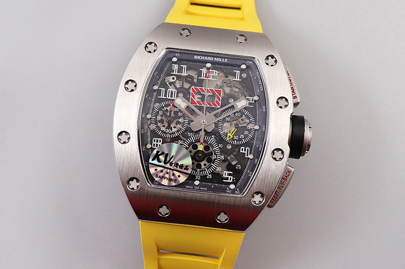 Richard Mille RM011 SS Chrono KVF 1:1 Best Edition Crystal Dial Black on Yellow Rubber Strap A7750 V3