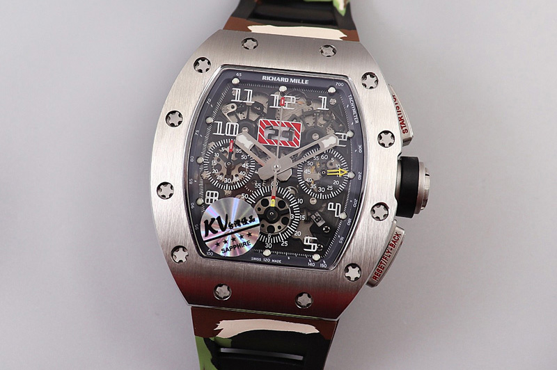Richard Mille RM011 SS Chrono KVF 1:1 Best Edition Crystal Dial Black on Green Camo Rubber Strap A7750 V3