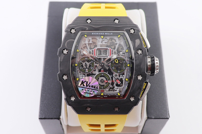 RM011 NTPT Chrono KVF 1:1 Best Edition Crystal Dial on Yellow Rubber Strap A7750 V2