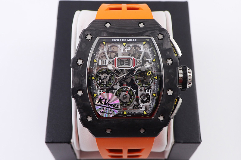 RM011 NTPT Chrono KVF 1:1 Best Edition Crystal Dial on Orange Rubber Strap A7750 V2