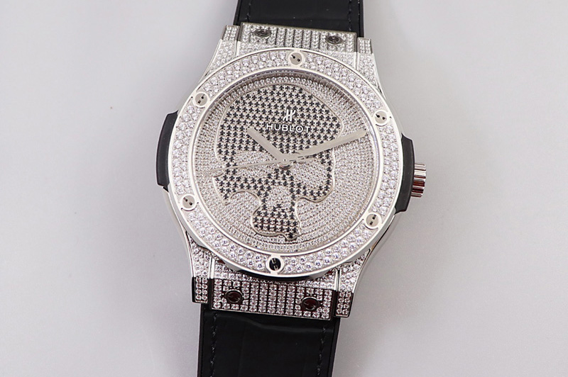 Hublot Classic Fusion Automatic SS OXF Best Edition Diamonds Case Diamonds Skull Dial on Black Leather Strap MIYOTA 9015