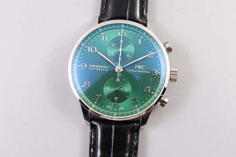 IWC Portugieser Chronograph IW371615 YLF Best Edition Green Dial on Black Leather Strap A7750 (Slim Movement)