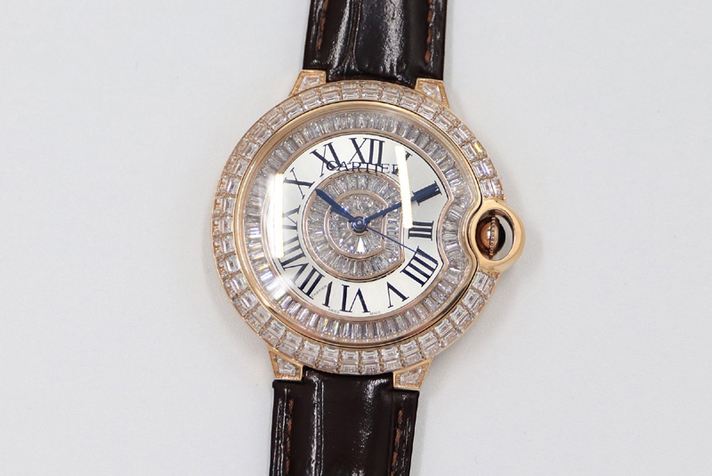 Cartier Ballon Bleu T Diamond RG Full Paved Diamonds with Roman Markers Dial on Black Leather Strap Miyota 9015