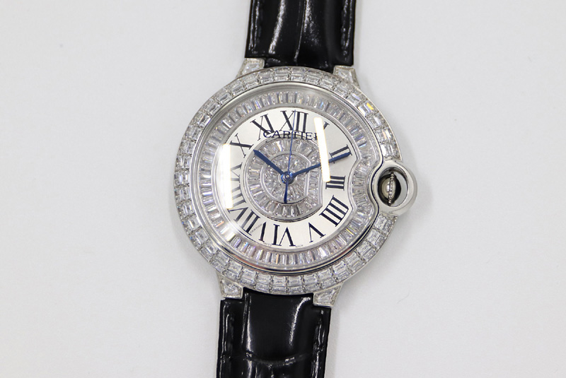 Cartier Ballon Bleu T Diamond SS Full Paved Diamonds with Roman Markers Dial on Black Leather Strap Miyota 9015