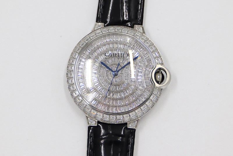Cartier Ballon Bleu T Diamond SS Full Paved Diamonds Dial on Black Leather Strap Miyota 9015