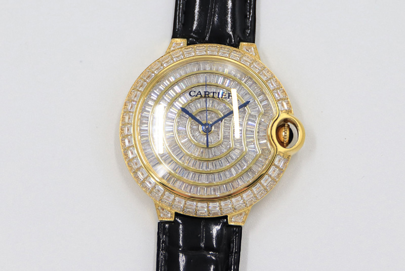 Cartier Ballon Bleu T Diamond YG Full Paved Diamonds Dial on Black Leather Strap Miyota 9015