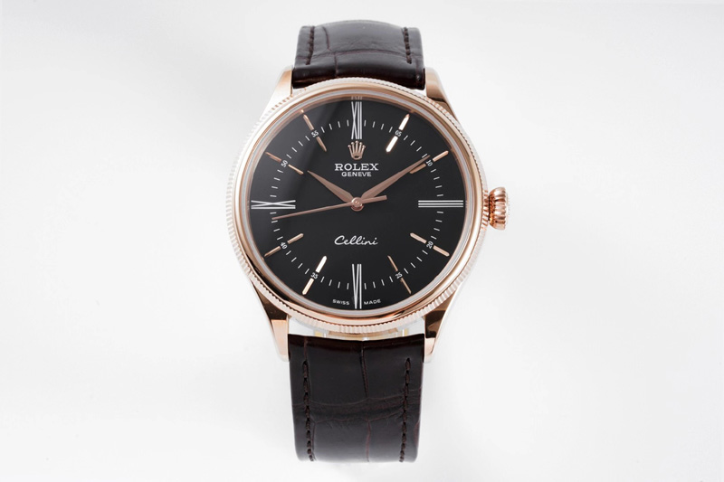 Rolex Cellini RG KZF 1:1 Best Edition Black Dial Roman Markers on Brown Leather Strap SA3132