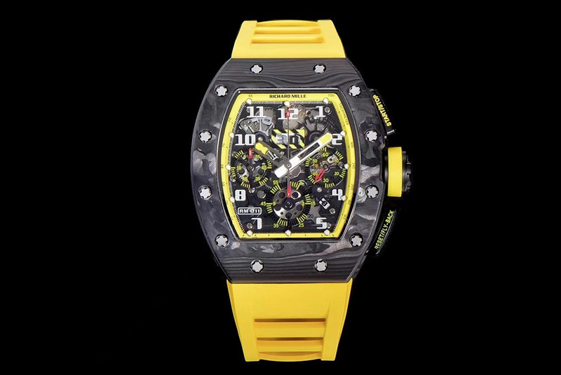 Richard Mille RM011 NTPT Carbon Chrono KVF 1:1 Best Edition Crystal Skeleton Dial Yellow Inner Bezel on Yellow Rubber Strap A775