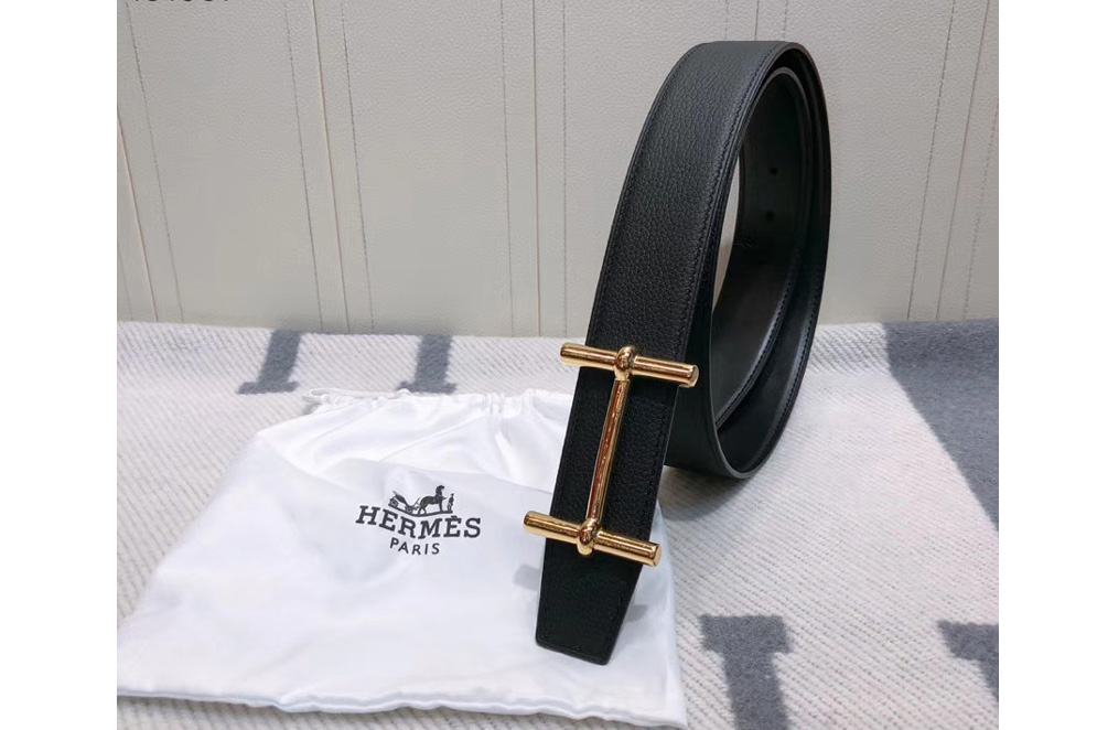 Men's Hermes 38mm H d'Ancre Reversible belt Gold Buckle in Black Togo Leather