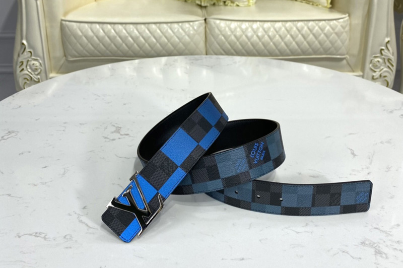 Louis Vuitton M0319U LV Initiales 40 MM reversible belt in Blue Damier Graphite canvas and calf leather With Silver Buckle