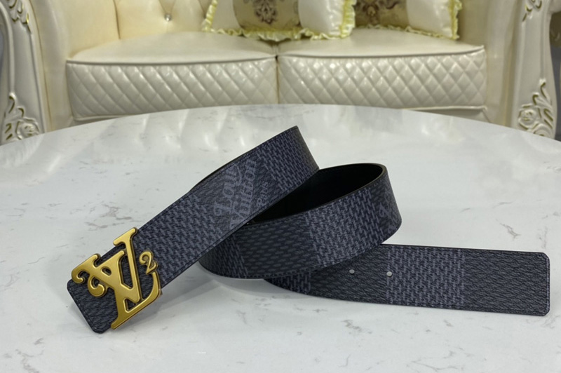 Louis Vuitton MP255V LV Squared LV 40mm reversible belt in Damier Graphite Canvas/Black With Aged-Gold Buckle