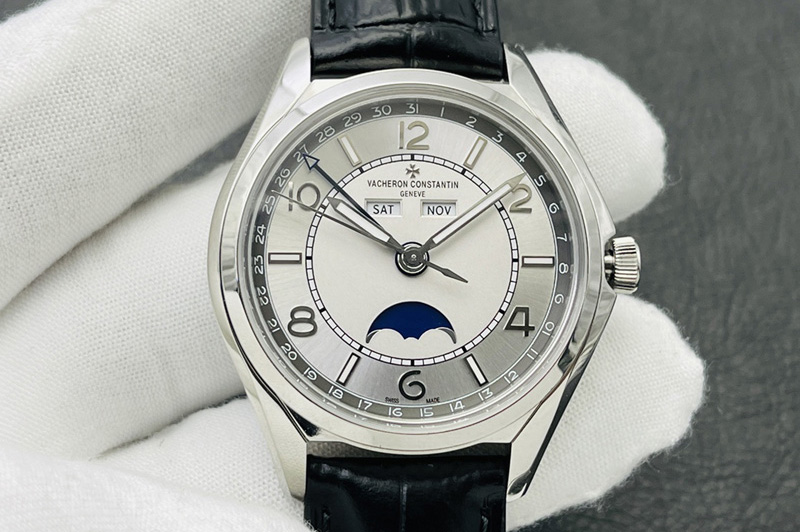 Vacheron Constantin Fiftysix Complete Calendar SS 40mm ZF 1:1 Best Edition Silver Dial on Black Leather Strap