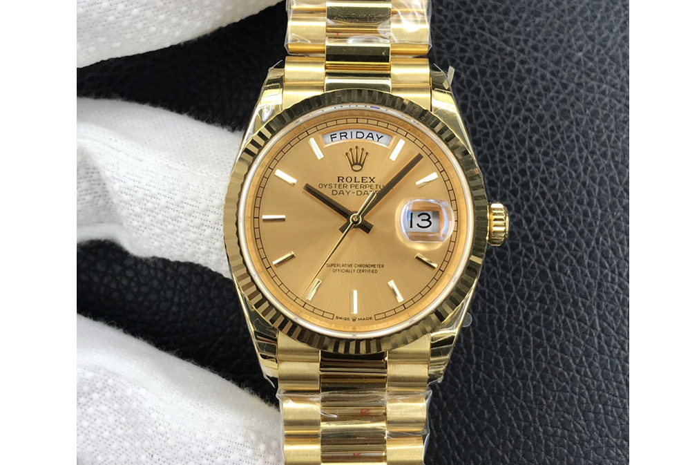 Rolex Day-Date 36 YG 128238 EWF Best Edition Gold Dial Stick Markers on President Bracelet A3255