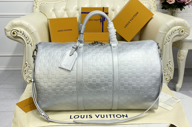 Louis Vuitton N58041 LV Keepall 50 Bandouliere bag in Silver Cowhide leather