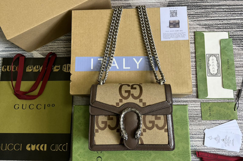Gucci 421970 Dionysus GG Supreme mini bag in Camel and ebony jumbo GG canvas