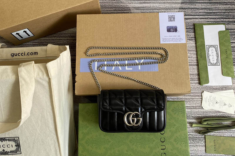 Gucci 476433 GG Marmont leather super mini bag in Black matelassé leather