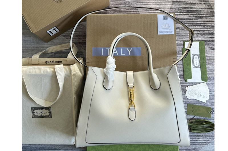 Gucci 649015 GG Jackie 1961 Large Tote Bag in White Leather