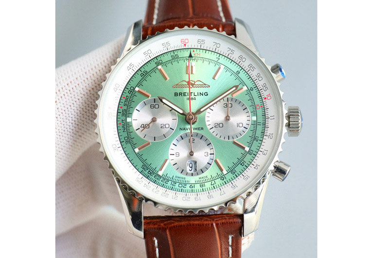 Breitling Navitimer B01 43mm SS B50 Best Edition Light Green Dial Silver Subdial On Black Leather Strap A7750