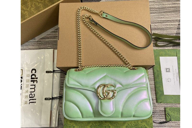 Gucci 443497 GG Marmont small shoulder bag in Green iridescent quilted chevron leather