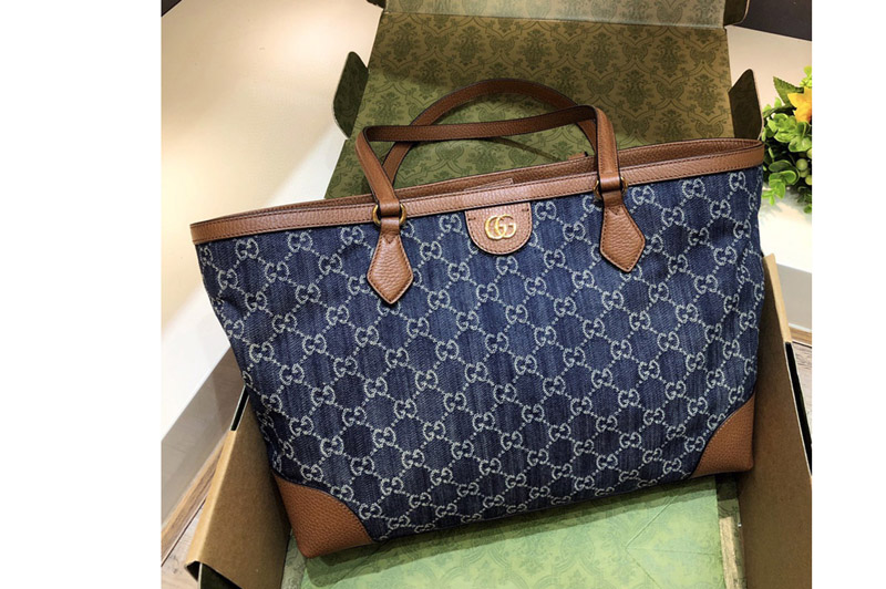 Gucci ‎631685 Ophidia medium tote with Web Bag in Blue and ivory GG denim jacquard