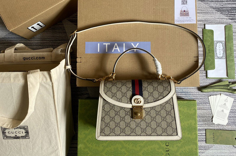 Gucci 651055 ophidia GG small top handle bag in Beige and ebony GG Supreme canvas With White