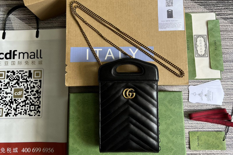 Gucci 699756 GG Marmont top handle mini bag in Black matelasse chevron leather