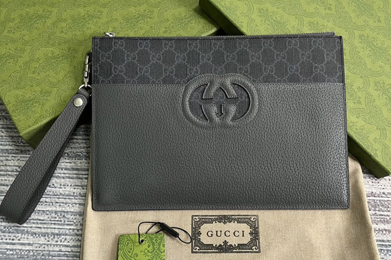Gucci 723320 Pouch With Cut Out Interlocking G Bag in Black and Grey GG Supreme canvas