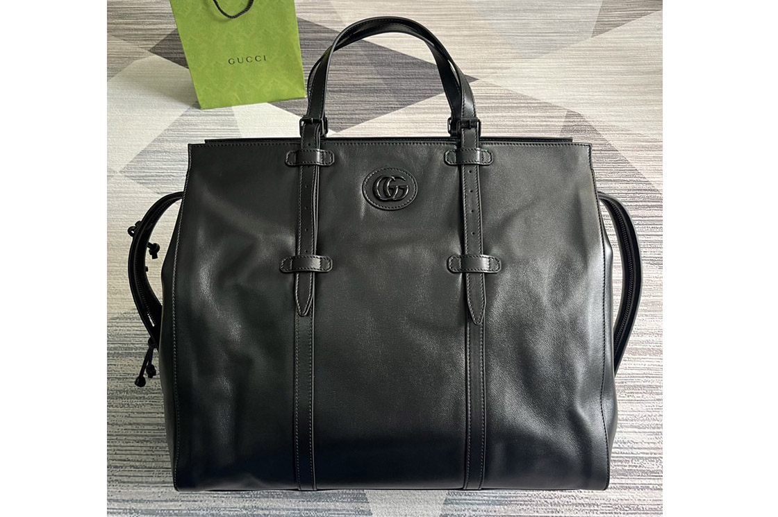 Gucci 725683 Large Tote Bag With Tonal Double G in Black leather