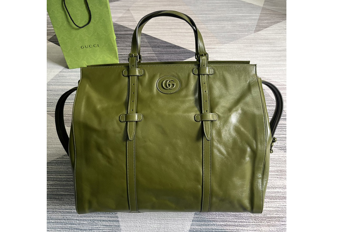 Gucci 725683 Large Tote Bag With Tonal Double G in Forest green leather