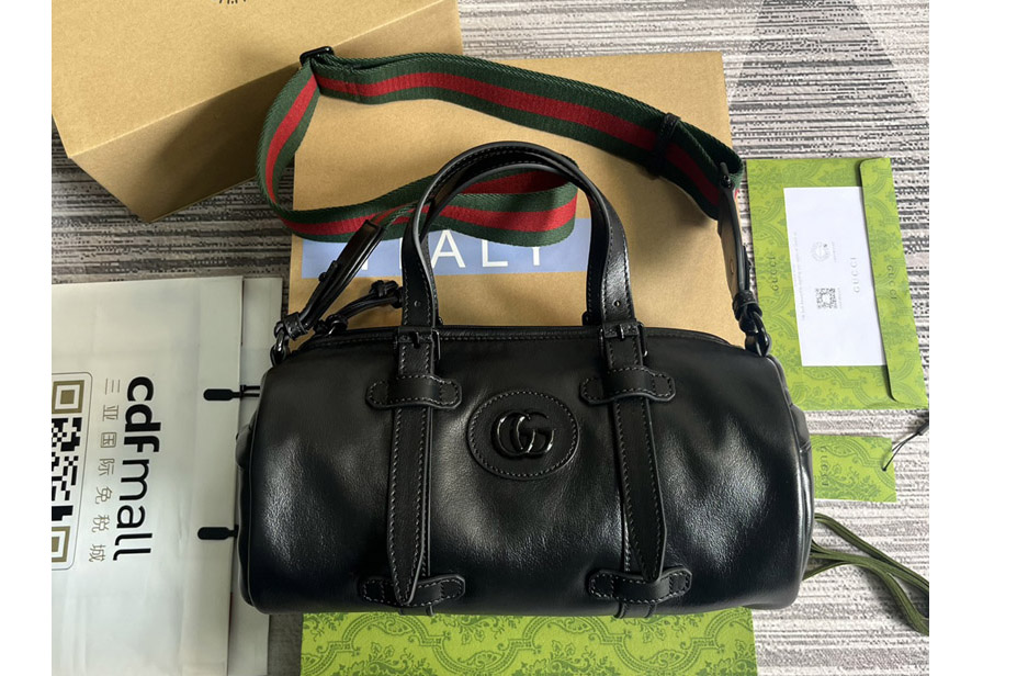 Gucci ‎725701 Small Duffle Bag With Tonal Double G in Black leather