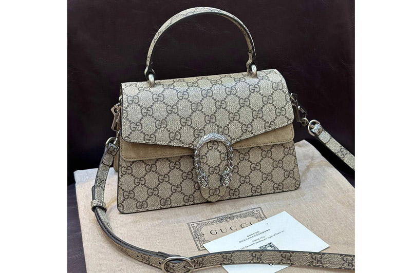 Gucci 739496 small dionysus top handle bag in Beige and ebony GG Supreme canvas